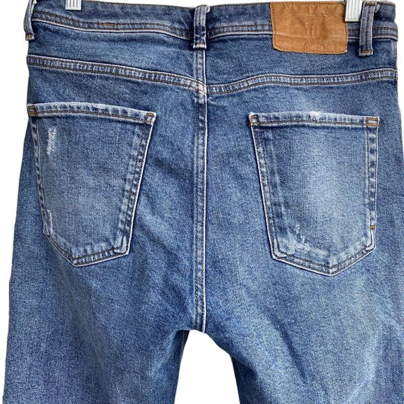 Zara High Rise Jeans Women 32 Distressed Ripped Button Fly Tapered Med Wash - Picture 5 of 16